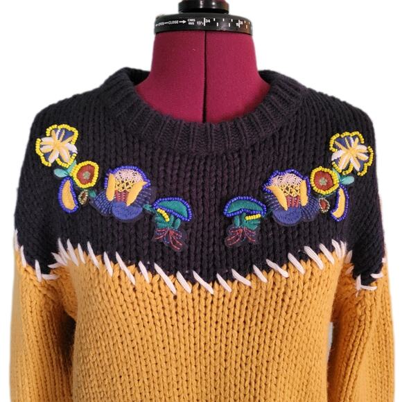 Zara Yellow & Navy Color Block Beaded Embroidered Oversized Chunky Sweater sz S - Picture 2 of 8